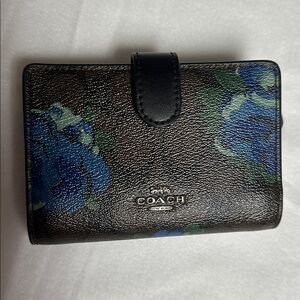 EUC COACH Brown Wallet with Blue Floral Design